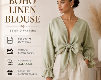 Boho Linen Blouse Sewing Pattern PDF | Tie Front Crop Top Pattern XXS to XXL | Instant Digital Download | Beginner Friendly Step by Step