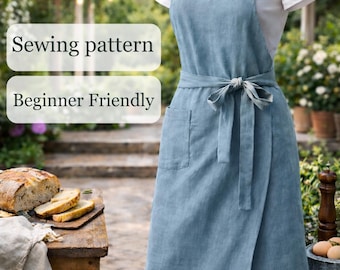 Apron Sewing Pattern – Digital Pinafore Kitchen Farmhouse Dusty Blue Linen Pdf