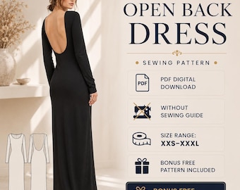 Open Back Maxi Dress Sewing Pattern PDF | Long Sleeve Dress XXS to XXL | Instant Digital Download | Step by Step Instructions Included