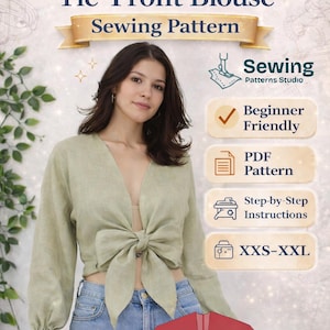 May include: A light green linen tie-front blouse sewing pattern. The image shows a woman wearing the blouse, which has long sleeves and a large bow at the waist. The pattern is beginner-friendly, available as a PDF, and includes step-by-step instructions. Sizes XXS-XXL.