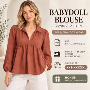Puede incluir: Una blusa babydoll de color óxido con mangas largas, escote en V y cintura fruncida. El texto dice: BABYDOLL BLOUSE SEWING PATTERN, PDF DIGITAL DOWNLOAD, WITH STEP BY STEP SEWING INSTRUCTIONS, SIZE RANGE: XXS-XXXXXXL, BONUS FREE PATTERN INCLUDED.