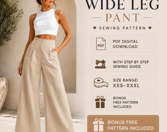 Wide Leg Pants Sewing Pattern PDF | High Waist Trousers Pattern XXS to XXL | Instant Digital Download | Beginner Friendly Step by Step