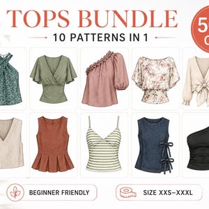 Peut inclure: Une collection numérique de 10 patrons de couture pour hauts, intitulée TOPS BUNDLE 10 PATTERNS IN 1. L'image présente des illustrations de divers styles, notamment des hauts à dos nu, col en V, asymétriques, fleuris, noués, gilets et rayés.