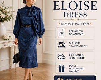 Tie Neck Midi Dress Sewing Pattern PDF | Bow Detail Balloon Sleeve Dress XXS to XXXL | Instant Digital Download | Elegant Beginner Friendly
