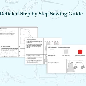 May include: A detailed step-by-step sewing guide featuring instructional text and diagrams for garment construction. The document includes specific measurements such as 4 cm width, 90 cm length, and 1 cm seam allowance, alongside a color-coded legend.