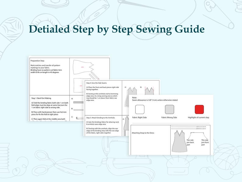 May include: A detailed step-by-step sewing guide featuring instructional text and diagrams for garment construction. The document includes specific measurements such as 4 cm width, 90 cm length, and 1 cm seam allowance, alongside a color-coded legend.