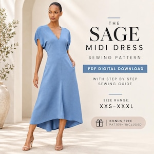 Op de afbeelding: Een blauwe midi-jurk met korte mouwen, een V-hals en een asymmetrische zoom. De tekst luidt: THE SAGE MIDI DRESS SEWING PATTERN, PDF DIGITAL DOWNLOAD, WITH STEP BY STEP SEWING GUIDE, SIZE RANGE: XXS-XXXL, BONUS FREE PATTERN INCLUDED.