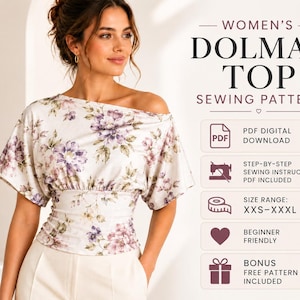 Dolman Top Sewing Pattern PDF, Women's Relaxed Fit Shirt Pattern, Dolman Sleeve Top, Sizes XXS-XXXL, Instant Download