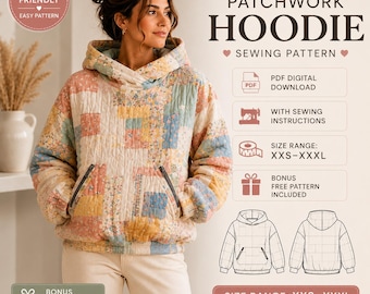 Patchwork Hoodie Sewing Pattern PDF | Quilted Hoodie Pattern | Instant Digital Download | A4 US Letter A0 | Sizes XXS-5XL