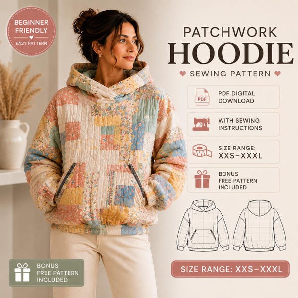 Patchwork Hoodie Sewing Pattern PDF | Quilted Hoodie Pattern | Instant Digital Download | A4 US Letter A0 | Sizes XXS-5XL
