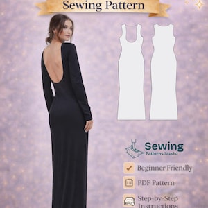 Open Back Maxi Dress Sewing Pattern PDF | Long Sleeve Dress XXS to XXL | Instant Digital Download | Step by Step Instructions Included