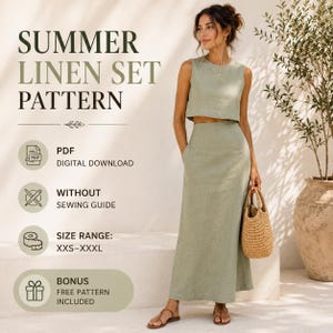 May include: A sage green two-piece linen set consisting of a sleeveless crop top and a high-waisted maxi skirt. Text on the image reads: SUMMER LINEN SET PATTERN, PDF DIGITAL DOWNLOAD, WITHOUT SEWING GUIDE, SIZE RANGE: XXS-XXXL, BONUS FREE PATTERN INCLUDED.