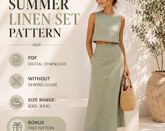 May include: A sage green two-piece linen set consisting of a sleeveless crop top and a high-waisted maxi skirt. Text on the image reads: SUMMER LINEN SET PATTERN, PDF DIGITAL DOWNLOAD, WITHOUT SEWING GUIDE, SIZE RANGE: XXS-XXXL, BONUS FREE PATTERN INCLUDED.