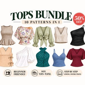 10 Tops Sewing Pattern Bundle PDF | 10-in-1 Women's Top Patterns | Crop Top, Tank Top, Blouse | xxs-xxxl | A4 A0 US Letter