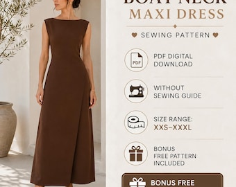 Boat Neck Maxi Dress Sewing Pattern PDF | Sleeveless Fitted Dress XXS to XXXL | Instant Digital Download | Easy to Sew Beginner Friendly