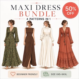Paquete de patrones de costura para vestido largo en PDF, 4 patrones en 1, Patrón de vestido largo para mujer, Patrón de costura para principiantes, Tallas XXS-XXXL, Descarga instantánea