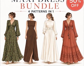 Maxi Dress Sewing Pattern Bundle PDF, 4 Dress Patterns in 1, Women's Maxi Dress Pattern, Beginner Sewing Pattern, XXS-XXXL, Instant Download