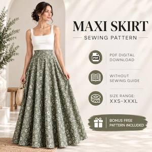 Op de afbeelding: Een maxirok naaipatroon met een vloerlange olijfgroene rok met een witte bloemenprint. De tekst bevat MAXI SKIRT SEWING PATTERN, PDF DIGITAL DOWNLOAD, WITHOUT SEWING GUIDE, SIZE RANGE: XXS-XXXL en BONUS FREE PATTERN INCLUDED.