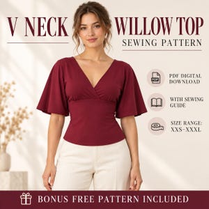 V Neck Willow Top Sewing Pattern PDF, Women's Top Pattern, Printable A4 US Letter A0, Beginner Sewing Project xxs-xxxl