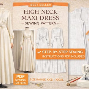 Molde para costura de vestido maxi com gola alta e mangas bufantes, estilo vintage modesto (molde em PDF, tamanhos XXS-XXXL)