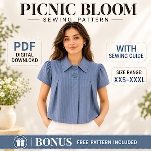 Pode incluir: Uma blusa azul com riscas finas, mangas curtas, colarinho e dois botões frontais. O texto diz: PICNIC BLOOM SEWING PATTERN, PDF DIGITAL DOWNLOAD, WITH SEWING GUIDE, SIZE RANGE: XXS-XXXL, BONUS FREE PATTERN INCLUDED.