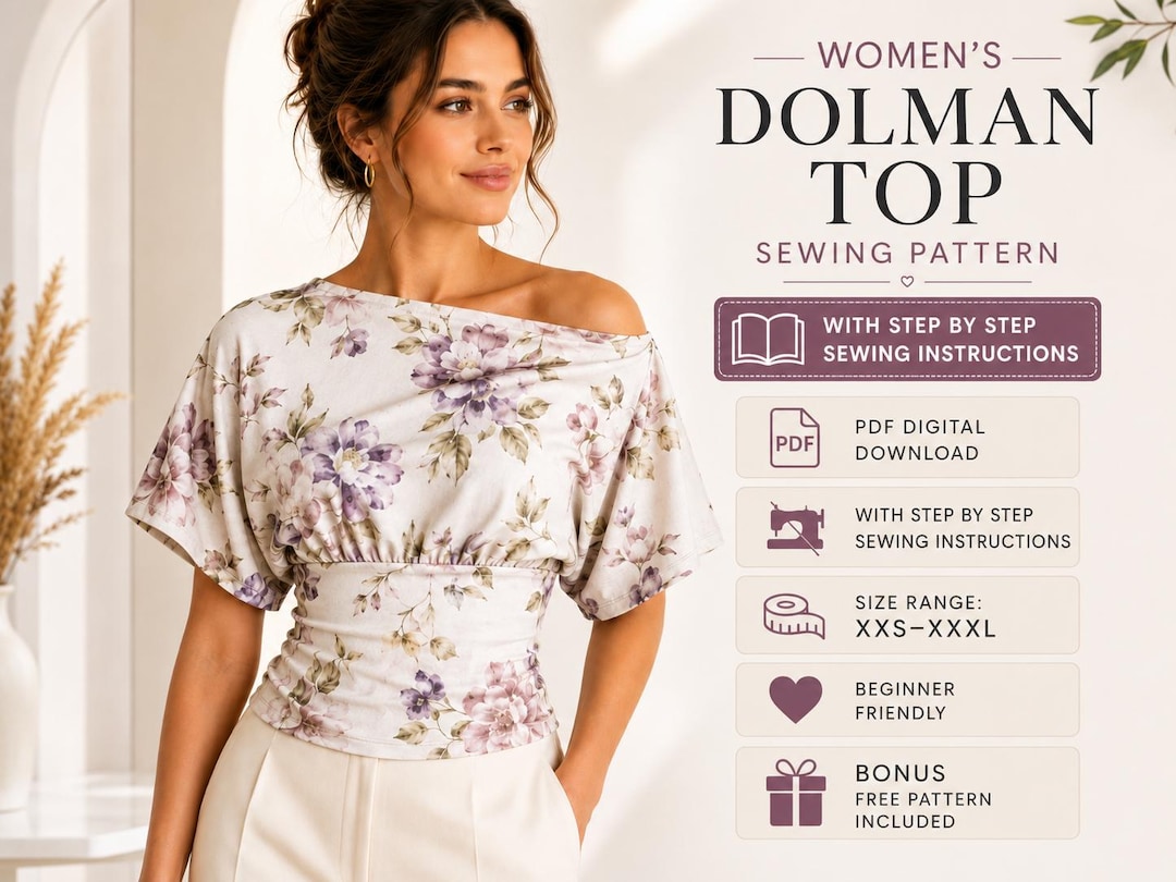 Dolman Top Sewing Pattern PDF, Women's Relaxed Fit Shirt Pattern, Dolman Sleeve Top, Sizes