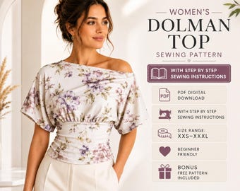 Dolman Top Sewing Pattern PDF, Women's Relaxed Fit Shirt Pattern, Dolman Sleeve Top, Sizes XXS-XXXL, Instant Download