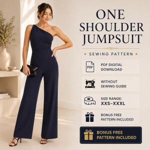 Pode incluir: Um molde de costura para um macacão azul-marinho de um ombro só. O texto inclui: ONE SHOULDER JUMPSUIT, SEWING PATTERN, PDF DIGITAL DOWNLOAD, WITHOUT SEWING GUIDE, SIZE RANGE: XXS-XXXL, BONUS FREE PATTERN INCLUDED. O macacão tem um corpete justo.