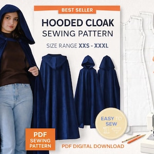 Modello di cucito per mantello con cappuccio / Adatto ai principianti, XXS-XXL (download PDF)