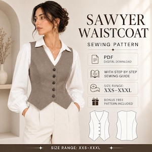 Pode incluir: Um molde de costura Sawyer Waistcoat para download digital, apresentando um colete abotoado na cor taupe sobre uma camisa branca de manga comprida. O gráfico inclui texto, guia de costura passo a passo, tamanhos XXS-XXXL e molde bônus grátis.
