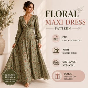 Pode incluir: Um molde de vestido longo floral com download digital em PDF, guia de costura e tamanhos de XXS a XXXL. O vestido é verde sálvia com uma pequena estampa floral, mangas compridas, decote em V, cintura ajustada e saia ampla.