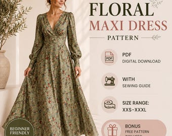 Boho Maxi Dress Sewing Pattern PDF | V-Neck Empire Waist Long Sleeve | Instant Digital Download | Step-by-Step Instructions Included