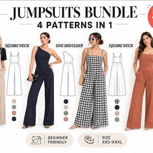 Paket med 4 jumpsuitmönster i PDF-format | Damsparkdräkter med vida ben | Fyrkantig halsringning, enaxlad, hjärtformad | XXS-XXXL | A4 A0
