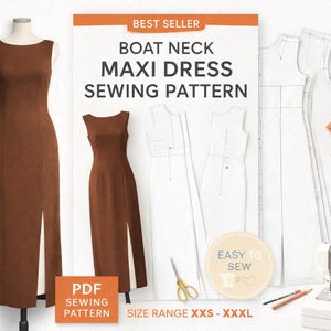 Patrón de costura para vestido midi (PDF) / Sin mangas, escote barco, tallas XXS-XXXL