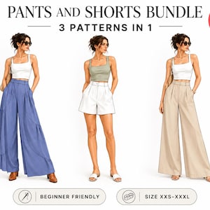 Może przedstawiać: Cyfrowy zestaw wykrojów krawieckich zatytułowany PANTS AND SHORTS BUNDLE 3 PATTERNS IN 1. Obraz przedstawia trzy warianty: niebieskie szerokie spodnie z falbanami po bokach, białe szorty oraz beżowe szerokie spodnie. Zawiera rozmiary XXS-XXXL.