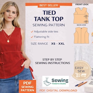 May include: A woman wearing a red tied tank top. The tank top has adjustable side ties and a flattering fit. The image also includes a sewing pattern with step-by-step instructions, size range XS-XXL, and the text "Best Seller" and "Easy to Sew".
