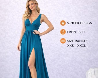 V-Neck Maxi Dress Sewing Pattern PDF | Front Slit Formal Dress Pattern XXS - XXL | Instant Digital Download | Beginner Friendly Sewing Guide