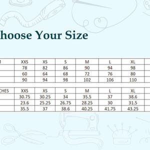 May include: A size chart with measurements in centimeters and inches. The chart includes bust, waist, and hip measurements for sizes XXS to XXL. The text "Choose Your Size" is at the top.