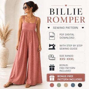 May include: A dusty rose-colored romper with wide legs and thin shoulder straps. The text reads BILLIE ROMPER SEWING PATTERN, PDF DIGITAL DOWNLOAD, WITH STEP BY STEP SEWING GUIDE, SIZE RANGE: XXS-XXXL, BONUS FREE PATTERN INCLUDED, and BONUS FREE PATTERN INCLUDED.