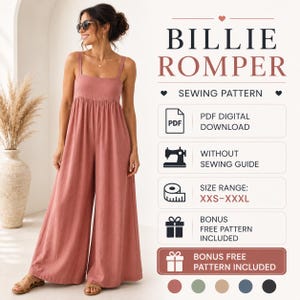 Op de afbeelding: Een oudroze Billie Romper naaipatroon als PDF-download, zonder naaihandleiding, in de maten XXS-XXXL. Het ontwerp heeft een vierkante halslijn, wijde pijpen en een gratis bonuspatroon. Er worden vijf gekleurde cirkels weergegeven.