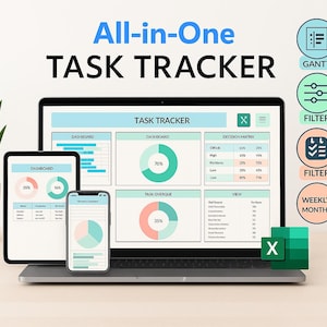 Può includere: Un laptop, un tablet e uno smartphone mostrano un'interfaccia di task tracker con grafici e dati. Le parole "All-in-One TASK TRACKER" sono in alto. Le icone per i diagrammi di Gantt, i filtri e le visualizzazioni settimanali/mensili sono a destra.