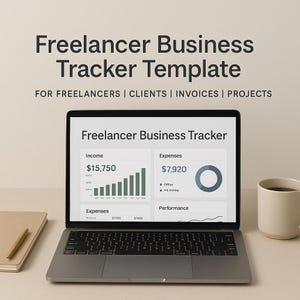 Può includere: Un laptop che mostra un "Modello di monitoraggio aziendale per freelance" con dati finanziari, tra cui entrate e spese. Lo schermo mostra grafici. Un taccuino, una penna e una tazza di caffè sono sul tavolo.