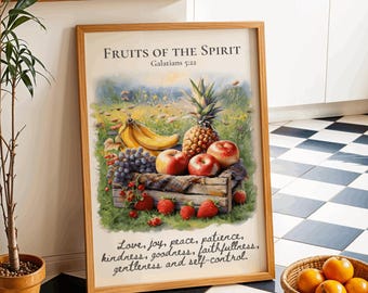 Fruits of the Spirit Bible Verse Print | Galatians 5:22 Wall Art | Christian Cottagecore Home Kitchen Decor | Watercolor Scripture Poster