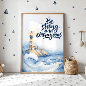 Be Strong and Courageous-print | Bijbelmuurkunst Joshua 1:9 | Aquarel christelijke vuurtoren | Op geloof gebaseerd digitaal | Kinderkamerdecoratie