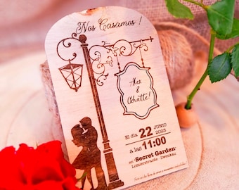 Hochzeitseinladung "Paris" aus Holz | Personalisierte Gravur mit Straßenszene | Nachhaltig & Romantisch | Boho Vintage Hochzeit