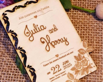 Hochzeitseinladung aus Holz Modell „Verona“ | Gravierte Rosen Einladung | Vintage Hochzeit | Familienhochzeit | Erinnerung