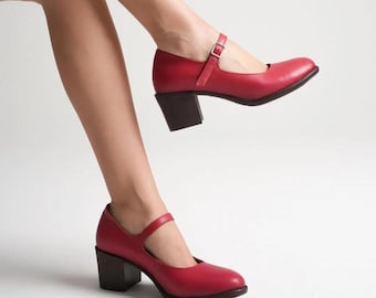 Red Leather Mary Janes – 90s Style Cottagecore Flats for Women, Genuine Leather Mary Jane Shoes with Square Toe, Mother’s Day Gift