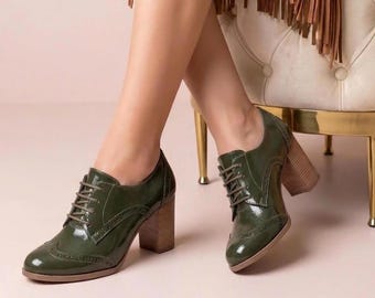 Green Leather Oxford Heels Women Vintage Lace Up Shoes Block Heel Retro Academia Style Teacher Office Shoes