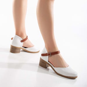 White Wedding Heels, ORGİNAL LEATHER Wedding Shoes, Low Heels for Bride, White Women Ankle Strap, Wedding Short Flat Sandal, Gift for Her