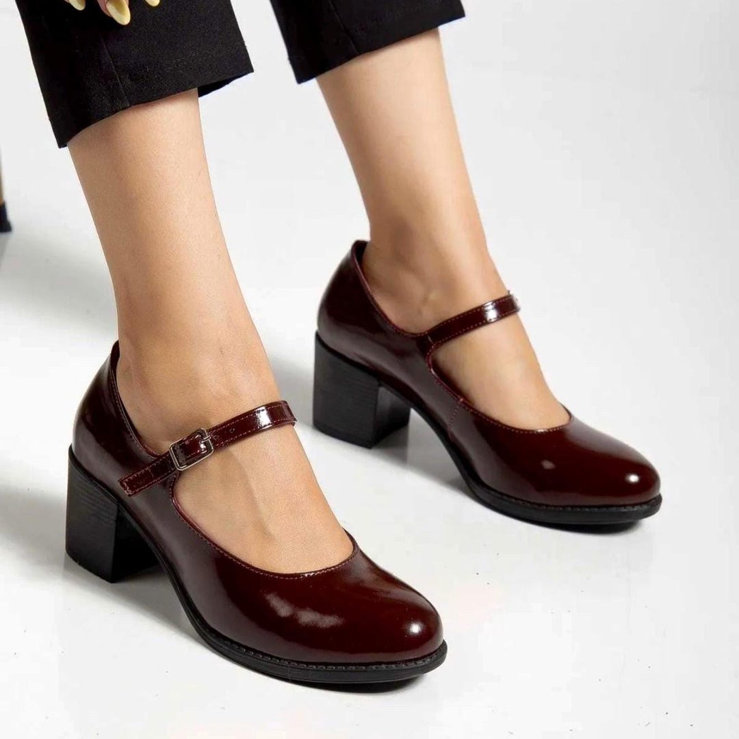 Women Mary Janes Shoes Burgundy Patent Handmade Shoes Women Low Heels 